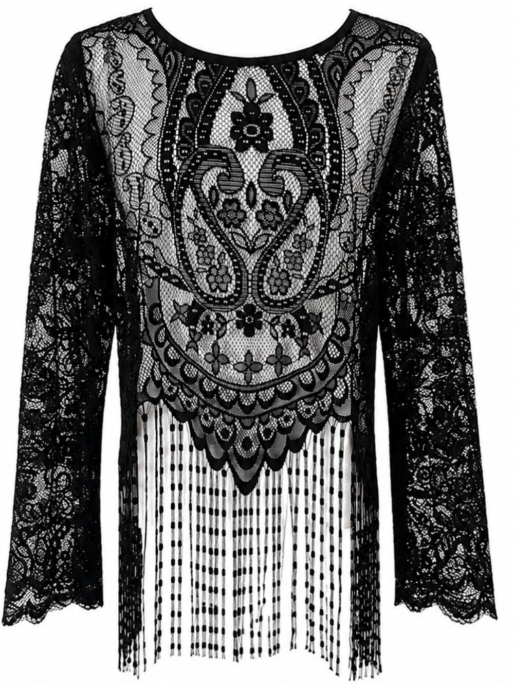 Black Lace Fringe Boho Top Sheer Crochet Bell Sleeve Festival Goth Romantic